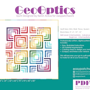 Könnte beinhalten: Ein farbenfrohes Quiltmuster namens "GeoOptics", entworfen von Karen Ackva für easypatchwork. Das Muster enthält Anleitungen zum Nähen eines Quilts in verschiedenen Größen, von Mini bis Queen, mit Blockgrößen von 3 bis 12 Zoll. Der Schwierigkeitsgrad ist für die Mini-Größe mittel bis fortgeschritten und für die Queen-Größe Anfänger bis mittel.