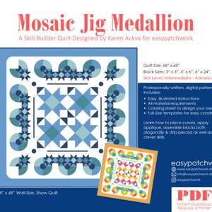 Könnte beinhalten: Ein digitales Quiltmuster für eine "Mosaic Jig Medallion"-Decke. Das Muster enthält Anweisungen, Materialanforderungen, Malvorlagen und Schablonen in Originalgröße. Die Decke ist 68 Zoll mal 68 Zoll groß und für fortgeschrittene bis sehr fortgeschrittene Quilterinnen geeignet.