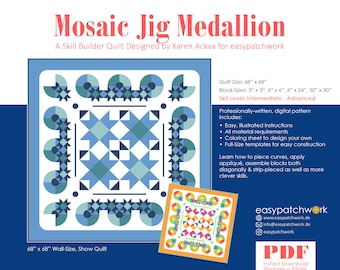 Mosaic Jig Medallion - Digital PDF Skill Builder Quilt Pattern with Curved Piecing