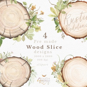 Houtsneden Aquarel Clipart, Premade Wood Slice Designs, Rustieke Hout Slice Clipart, Tree Slices met Poppy, Rustieke Woodland, Rustieke Boom