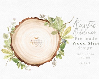 Watercolor Wood Slice Clipart, Rustic Floral Design (PNG)