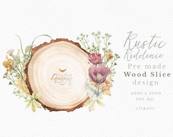 Rustic Wood Slice Clipart, Poppy Floral Design (PNG)