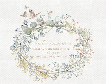 Watercolor Butterfly Wreath Clipart, Floral Wedding Logo (PNG)