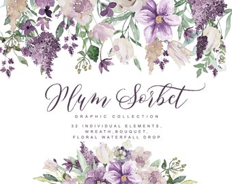 Watercolor Greenery Clipart, Watercolor Plum and Lilac Flowers, Plum and Lilac Wedding Flowers, Watercolor Rose Clipart, Greenery Clipart