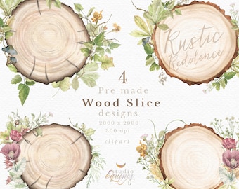 Watercolor Wood Slice Clipart, Poppy Floral Design (PNG)