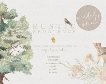 Rustic Forest Watercolor Clipart Set, Wreaths, Labels (PNG)
