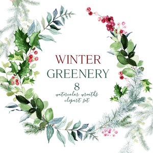 Wintergroen, Aquarel Winterkransen Set, Aquarel Groen, Dennentakkrans, Dennenappel, Poinsettia Krans, Kerst Clipart