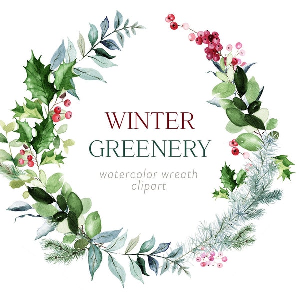 Winter Greenery, Single Watercolour Wreath Clipart, Winter Wreath, Holly Leaves, Holly Berries, Winter Berries Wreath, Christmas Wreath,