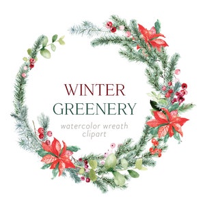 Winter Greenery, Single Watercolour Winter Wreath, Watercolour Greenery, Pine Branch Wreath, Pine Cone, Poinsettia Wreath, Christmas Clipart
