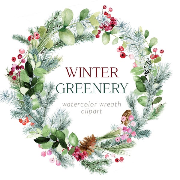 Imágenes prediseñadas de corona de invierno en acuarela, diseño de piñas y bayas (PNG)