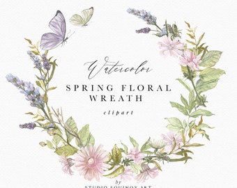 Watercolor Spring Wreath Clipart, Iris and Lavender Wreath, Watercolor Botanical Floral Wreath, Butterfly, Spring Clipart, Single Item