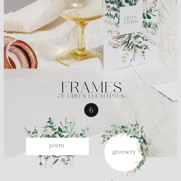 Watercolor Eucalyptus Frames Clipart, Eucalyptus Greenery, Geometric Frame Eucalyptus, Green Foliage Frame, Gold Frame Eucalyptus, Greenery