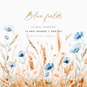 Imágenes prediseñadas florales de acuarela, imágenes prediseñadas de bordes de campo de trigo, campo de trigo y flores silvestres, imágenes prediseñadas de otoño, imágenes prediseñadas de cosecha, imágenes prediseñadas de boda