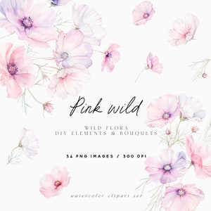 Aquarel bloemen clipart, wilde bloemen boeketten, wilde bloemen elementen, roze bloemen, bloemenkrans, DIY bloemenelementen, bruiloft clipart