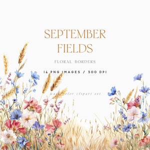 Imágenes Prediseñadas florales de acuarela, imágenes prediseñadas de bordes de campo de trigo, campo de trigo y flores silvestres, imágenes prediseñadas de otoño, imágenes prediseñadas de cosecha, imágenes prediseñadas de boda