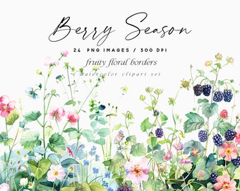 Watercolor Floral Berry Borders Clipart (PNG)
