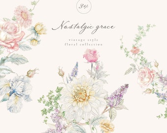 May include: Watercolor illustration of a bouquet of flowers in shades of pink, white, and purple. The flowers include roses, dahlias, irises, and lilacs. The illustration is titled "Nostalgic grace vintage style floral collection" with the number "34" in a circle.