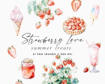 Imágenes prediseñadas de fresas en acuarela, dulces de verano, bordes (PNG)