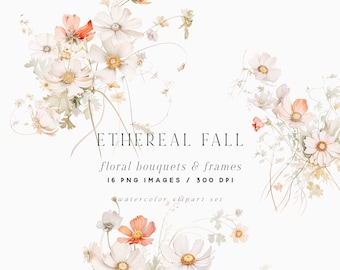 May include: A digital illustration of a watercolor clipart set featuring delicate white and peach flowers with green stems and leaves. The text "ETHEREAL FALL floral bouquets & frames 16 PNG IMAGES / 300 DPI watercolor clipart set" is displayed in the center of the image.