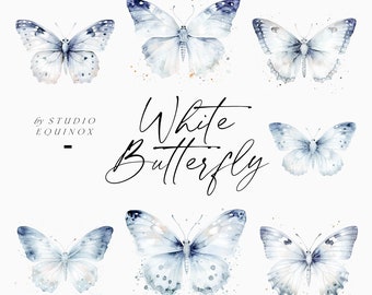 Set di clipart di farfalle bianche ad acquerello (file PNG)