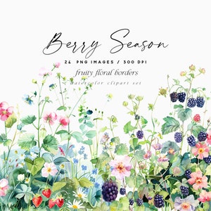 Aquarelle fleurs bordures des cliparts, bordures de fleurs sauvages et de baies, des cliparts aquarelle, des cliparts mariage, des fleurs d'été et des cliparts de petits fruits