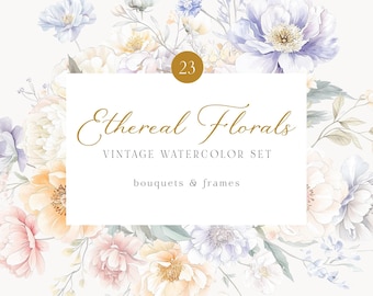 Set di clipart floreali ad acquerello vintage, grafica per inviti di nozze (download digitale)