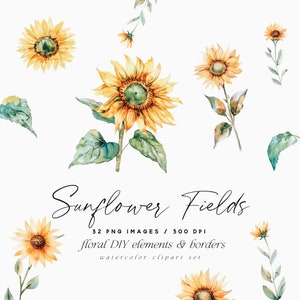 Aquarelle tournesols clipart, bordures de tournesols, éléments floraux bricolage, clipart bordures florales, clipart mariage, clipart scrapbooking