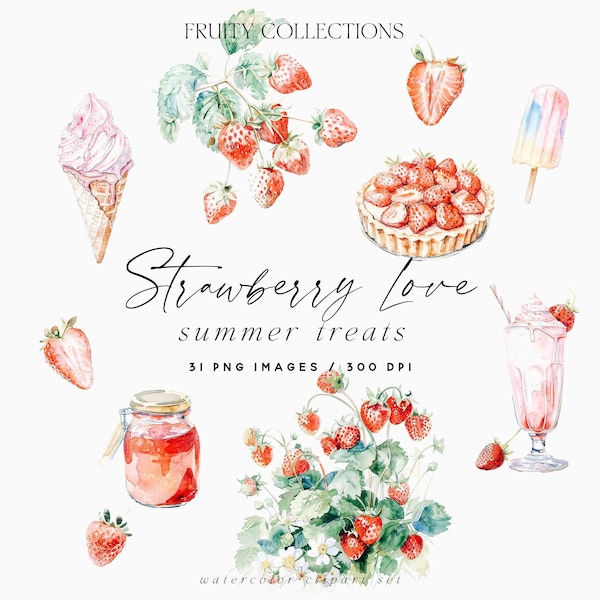 Watercolor Strawberries Clipart, Desserts Clipart, Strawberries Sweets, Wild Strawberries Borders, Wedding Clipart, Stickers Clipart