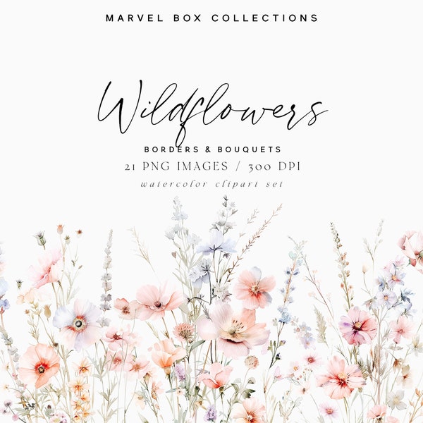 Clipart aquarelle de bordures florales, bordures de fleurs sauvages, fleurs de printemps, fleurs sauvages d'été, fleurs des champs, champs de fleurs, clipart mariage