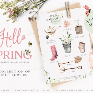 Könnte beinhalten: Ein druckbarer Satz Aquarell-Illustrationen für den Frühlingsgarten. Die Illustrationen beinhalten eine Schubkarre, Gartenhandschuhe, einen Eimer, eine Schaufel, eine Hacke, eine Harke, einen Blumentopf, eine Pflanze und eine Tulpe. Der Text "Spring Gardening Essentials" befindet sich oben auf der Seite. Der Text "Spring Magic Inside" befindet sich auf einem grünen Kreis mit einem Marienkäfer.