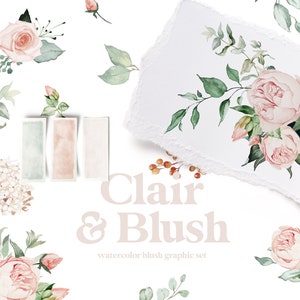 Conjunto gráfico Clair & Blush Watercolor Blush, clipart floral de verão, hortênsia blush, rosas aquarela, peônias, buquê de blush, guirlanda, moldura