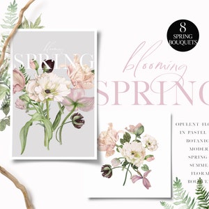 Blühende Frühling Blumensträuße Clipart, botanische Frühling erröten Blumen, Aquarell Tulpe, Aquarell Mohn, Blush Rose, Rosenknospe, Farn