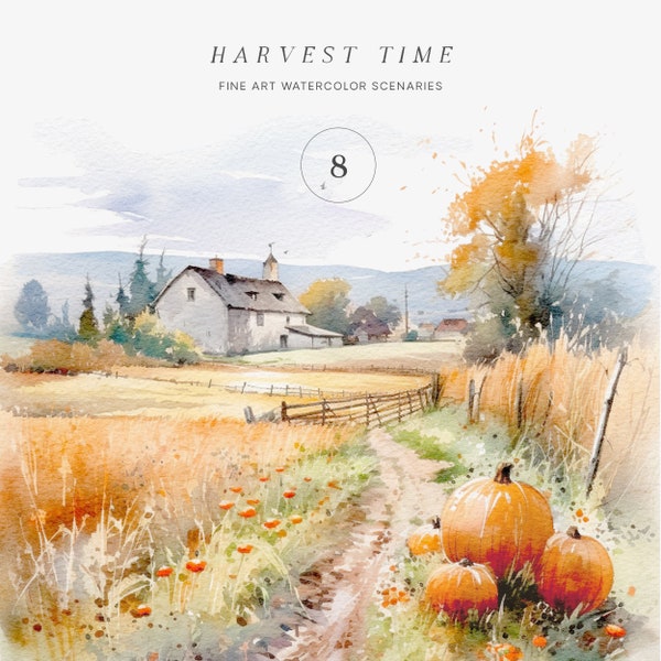 Autumn Watercolor Landscapes, Watercolor Farm Clipart, Border Clipart, Fall Scenes, Fall Harvest Clipart, Fine Art Watercolor Harvest Scene