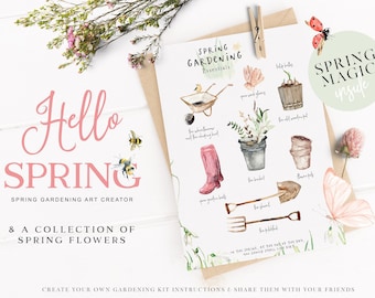 Watercolor Spring Gardening Clipart Set, Garden Tools, Flowers (Digital Download)