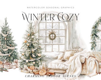 Christmas Watercolor Clipart, Winter Indoor Scenes (PNG, PDF)