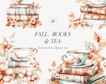 Watercolor Fall Books Clipart, Cottagecore Autumn Graphics (Digital Download)