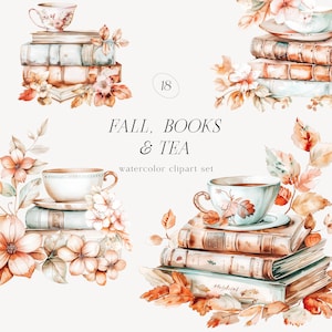 May include: Watercolor clipart set of fall leaves, books, and teacups. The set includes three different arrangements of books, teacups, and fall leaves. The text "FALL, BOOKS & TEA watercolor clipart set" is included in the image.