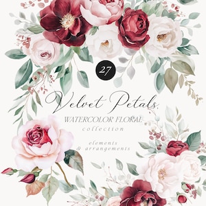 Aquarel bloemen clipart, blush pioenroos clipart, bordeauxrode roos, roos en pioenroos boeket, bloemenkrans, blozen en bordeauxrode bloemen, DIY-elementen