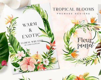 Può includere: Illustrazioni ad acquerello di ghirlande floreali tropicali con fenicotteri rosa, fiori di ibisco, foglie di palma e fiori di uccello del paradiso. Il testo "Warm & Exotic Floral Wreaths of Lush Flowers" è su una carta bianca. Il testo "Tropical Blooms Premade Designs" è su una carta rosa. Il testo "Fleur Sunset" è su una carta bianca.