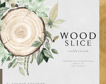 Wood Slice Collection, Watercolor Wood Slice Embellished with Woodland Foliage, Wood Slice Clipart, Green Foliage, Rustic Premade Design