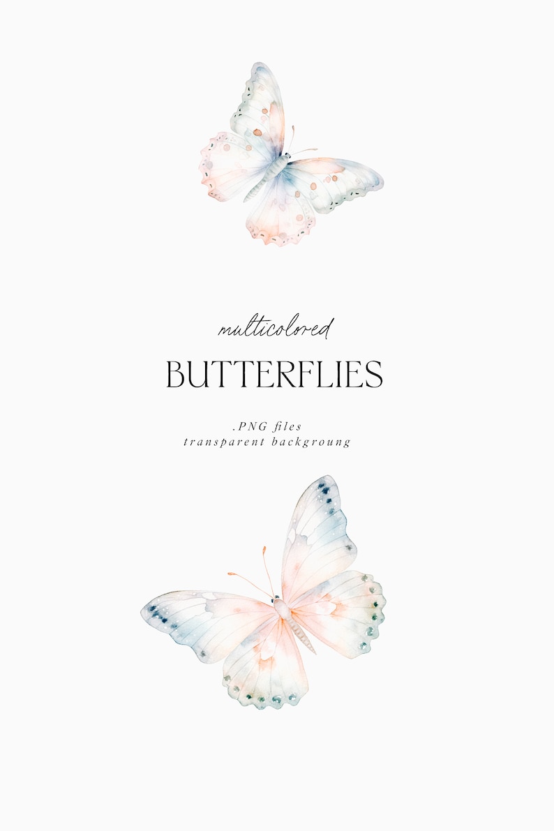 May include: Two watercolor butterflies with soft pink, blue, and green hues. The butterflies are isolated on a white background. The text "multicolored BUTTERFLIES .PNG files transparent background" is below the butterflies.