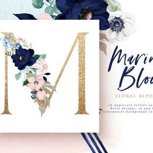 Marina Bloom, Golden Alphabet and Ampersant with Navy Blush Flowers, Watercolor Navy Blue Peony, Blush Rose, Gold Letter, Navy Blue Wedding