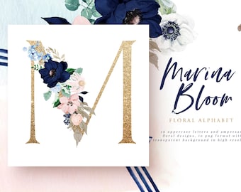 Floral Golden Alphabet, Navy Blush Watercolor Flowers (PNG)