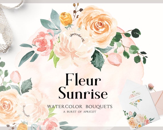 Fleur Sunrise Blush Watercolor Floral Bouquets Clipart Greenery Watercolor Bouquets White Flower Rustic Bouquet Peony Rose Bouquet