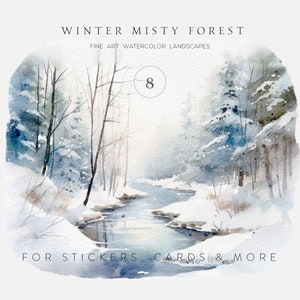Paesaggi della foresta invernale ad acquerello, Paesaggi invernali ad acquerello, Clipart della foresta invernale, Paesaggio invernale, Foresta di pini, Foresta innevata