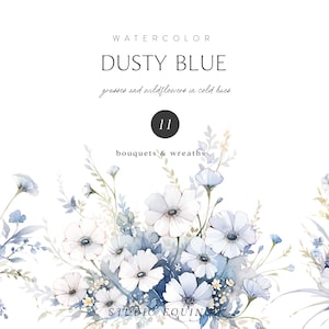 Aquarel bloemen clipart, blauwe wilde bloemen clipart, stoffige blauwe bloemen boeket, aquarel bloemenkrans, winter clipart, aquarel bloem