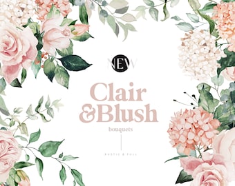 Clair and Blush - Watercolor Floral Bouquets Clipart, Blush Rose and Peony, Blush Hydrangea, Blush Peony and Roses, White Hydrangea, Rustic