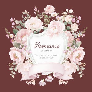 May include: Watercolor floral design featuring a shield-shaped frame with the word "Romance" and the text "in soft hues" and "Watercolor Floral Collection". The design includes pink and white flowers, green leaves, and a ribbon on a maroon background.