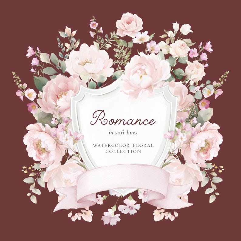 May include: Watercolor floral design featuring a shield-shaped frame with the word "Romance" and the text "in soft hues" and "Watercolor Floral Collection". The design includes pink and white flowers, green leaves, and a ribbon on a maroon background.