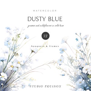 Clipart floral aquarelle, Clipart fleurs sauvages bleues, Bouquets floraux bleu poussiéreux, Cadres floraux aquarelle, Clipart d’hiver, Fleur aquarelle